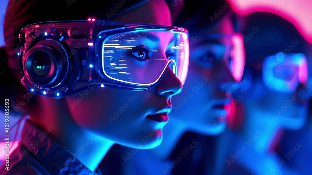 Futuristic group of individuals wearing illuminated glasses, immersed in digital technology, vibrant colors Futuristic group of individuals wearing illuminated glasses, immersed in digital technology, vibrant colors