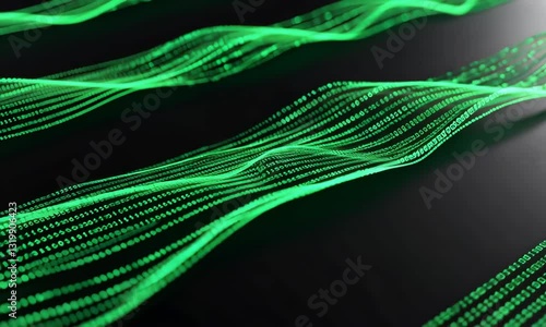 Abstract Green Digital Data Streams Flowing On Dark Background with Focused Lighting