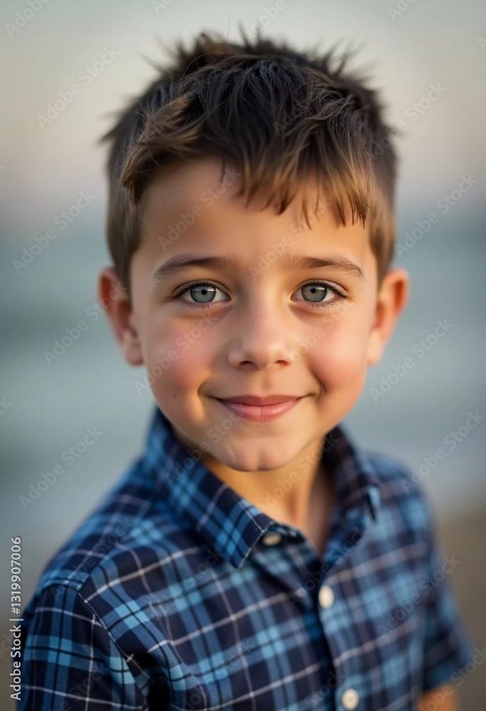 A spirited boy stands on a sandy beach, his joyful smile illuminated by the warm glow of the sunset. Waves gently lap at the shore, creating a peaceful atmosphere in Israel. AI A spirited boy stands on a sandy beach, his joyful smile illuminated by the warm glow of the sunset. Waves gently lap at the shore, creating a peaceful atmosphere in Israel. AI