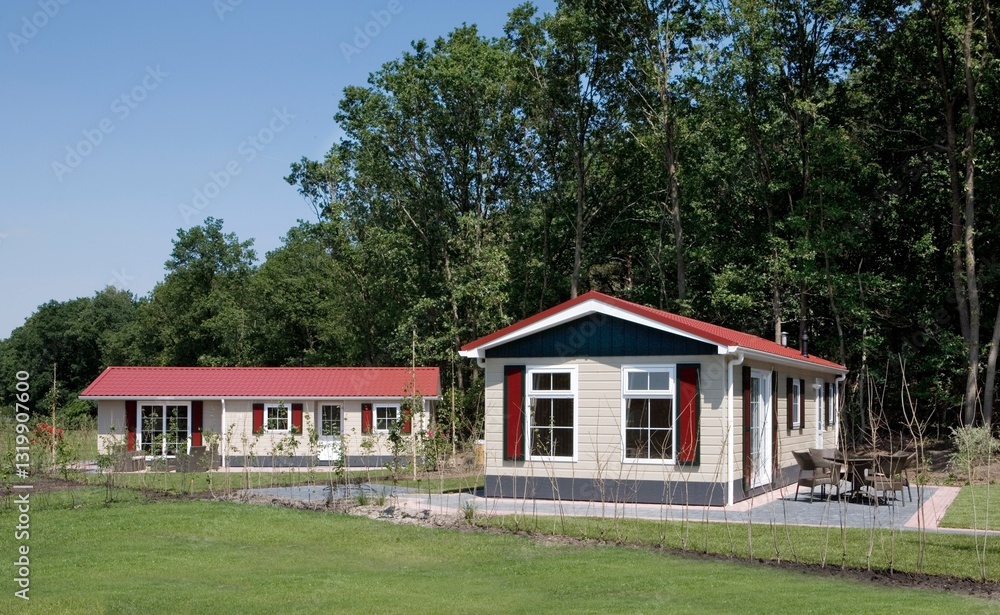 Chalet park, caravan park in the Netherlands. Leisure park with chalets. Mobile home park.