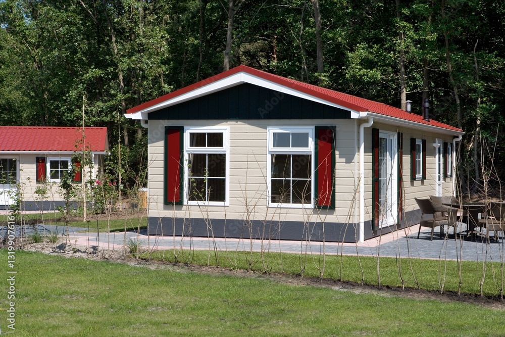 Chalet park, caravan park in the Netherlands. Leisure park with chalets. Mobile home park.