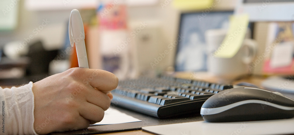 At the office. Administration office. Hand with keyboard of a computer.
