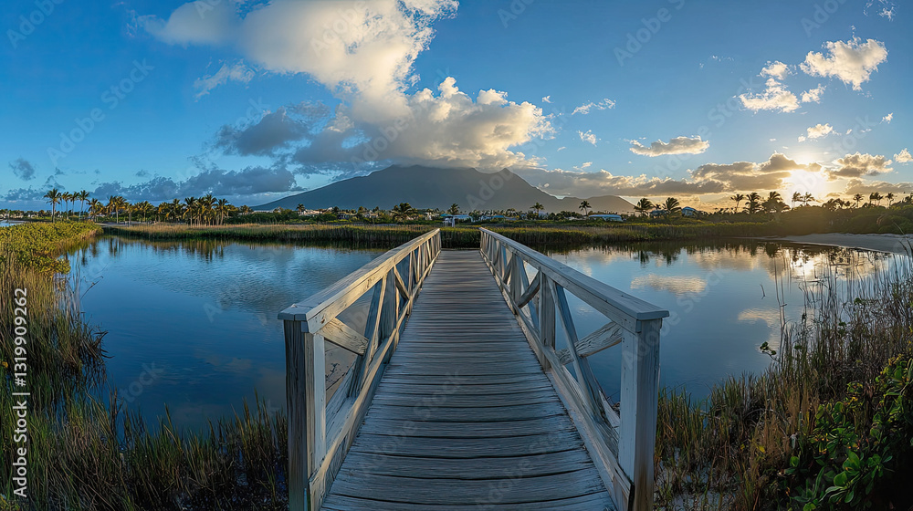 Obraz premium Panorama view of footbridge to the Smathers beach at sunrise - Key West, Florida. High quality photo
