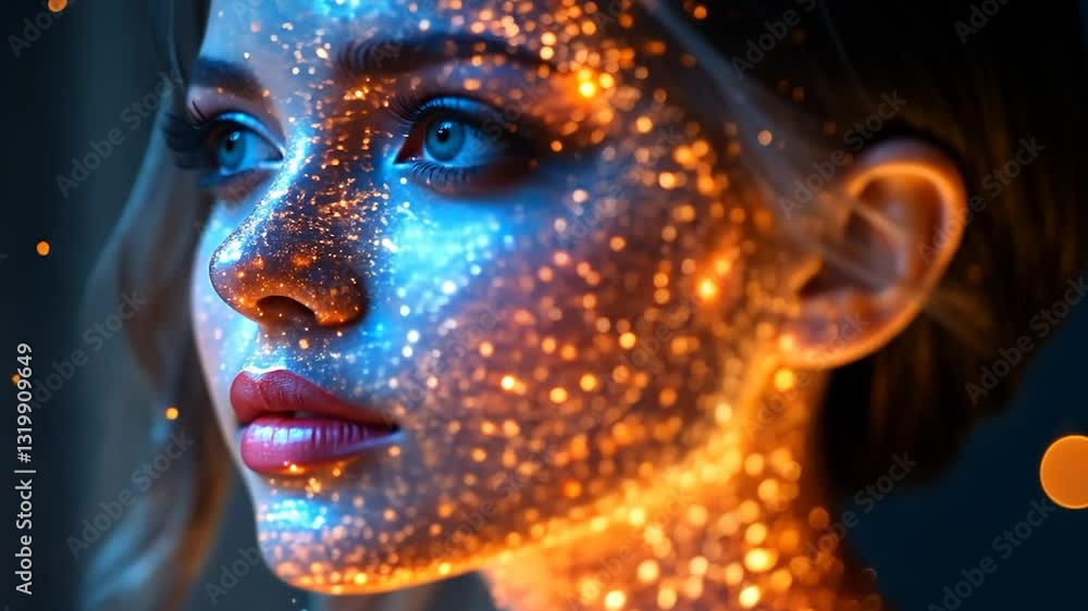 Glowing woman's face with sparkling particles. Glowing woman's face with sparkling particles.