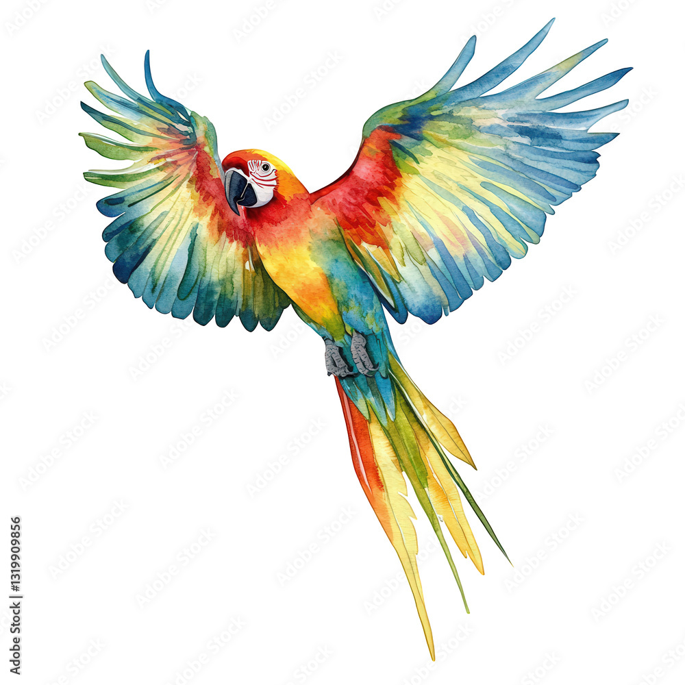 Fototapeta premium a vibrant watercolor illustration of a parrot in flight showcasing its colorful feathers and dynamic pose the artwork captures the beauty and grace of the bird emphasizing its natural splendor