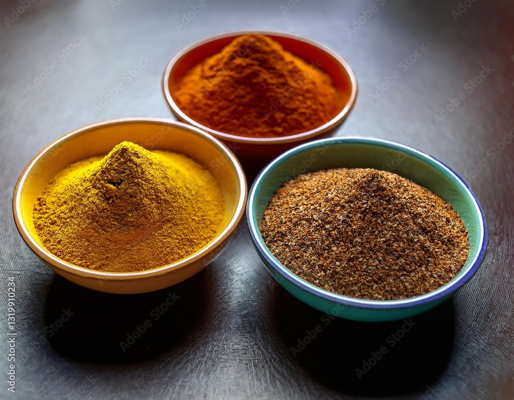 three bowls of spices showcasing vibrant colors and textures three bowls of spices showcasing vibrant colors and textures