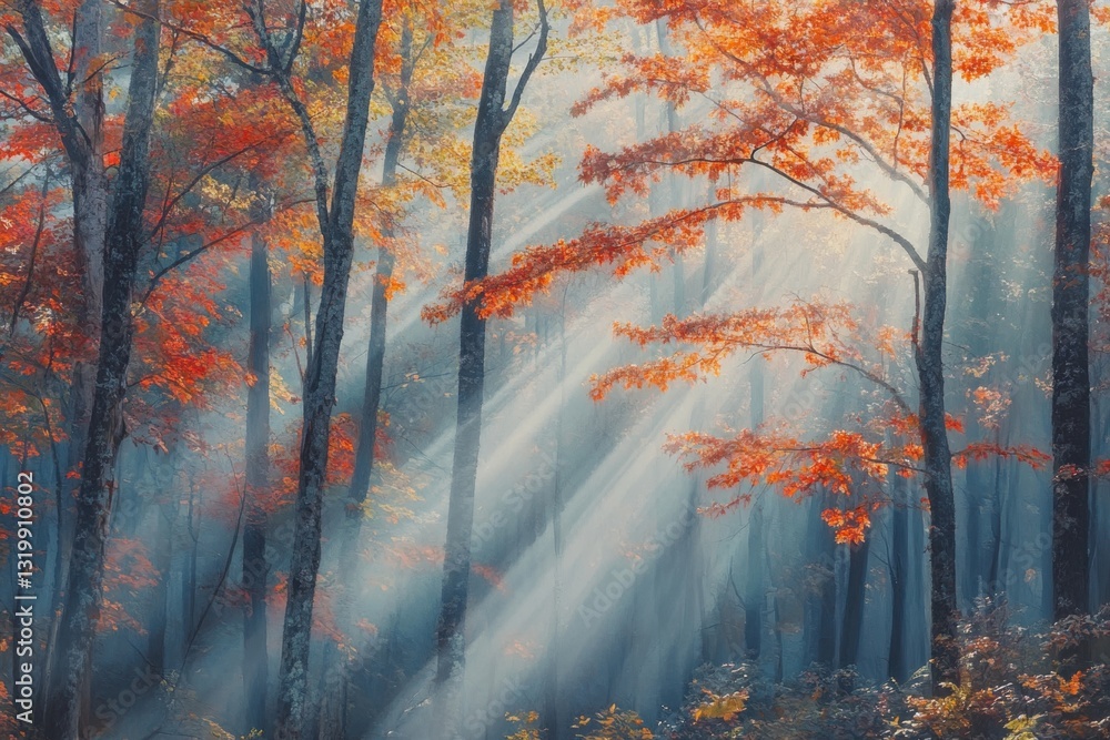 Obraz premium Magical Autumn Forest With Sunlight Filtering Through Misty Trees / autumn in the forest.