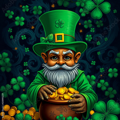Lucky Leprechaun with Pot of Gold and Shamrock – St. Patrick’s Day Fantasy Scene