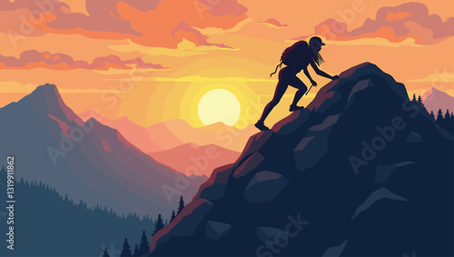 Determined female climber ascending challenging rocky mountain peak at sunrise