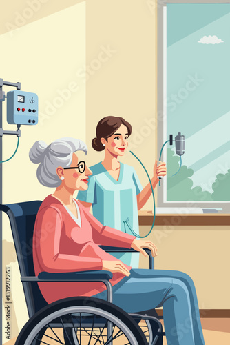 Elderly Woman Receiving Oxygen Therapy in Wheelchair at Nursing Home