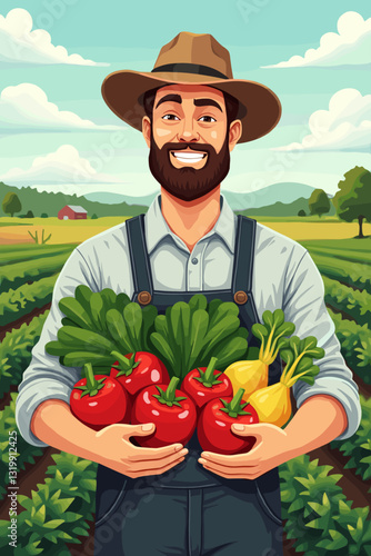 Farmer proudly displaying freshly harvested organic produce from sustainable farm