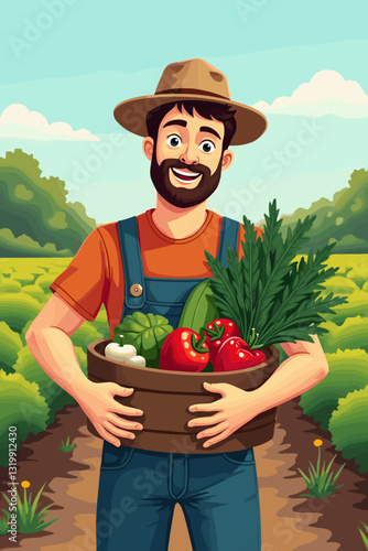 Farmer proudly displaying freshly harvested organic produce from sustainable farm