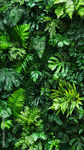 lush green tropical foliage background with various fern leaves