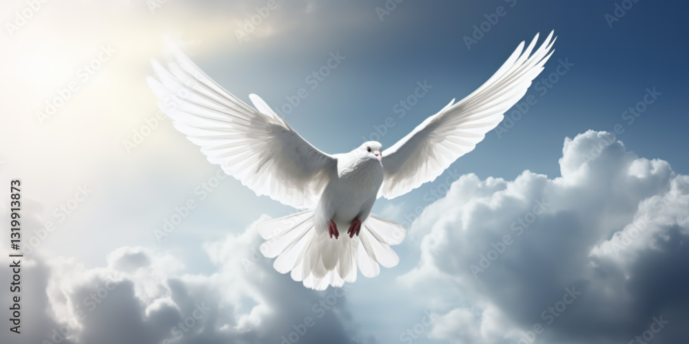 A majestic white dove floating in the air, angelic, the clouds are dark. Symbol for peace. A majestic white dove floating in the air, angelic, the clouds are dark. Symbol for peace.