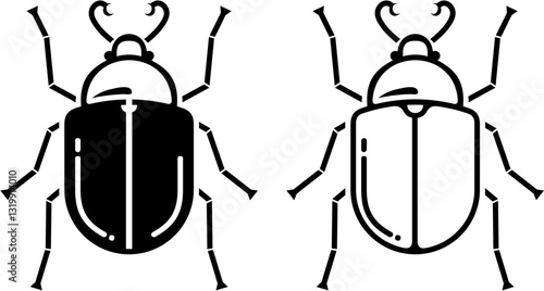 Abstract Insect Illustration Featuring Two Artistic Beetles,A black and white vector illustration of two stylized scarab beetles with distinct shell patterns, perfect for digital or print use.