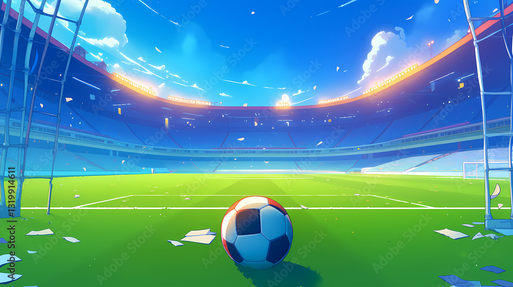 Naklejka premium A vibrant soccer stadium at sunset with a ball in focus, showcasing an empty field and scattered papers