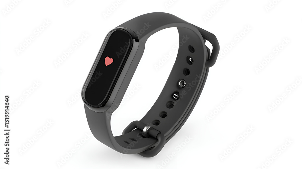 Sleek fitness tracker with heart symbol displayed on a black band against a white background
Sleek fitness tracker with heart symbol displayed on a black band against a white background