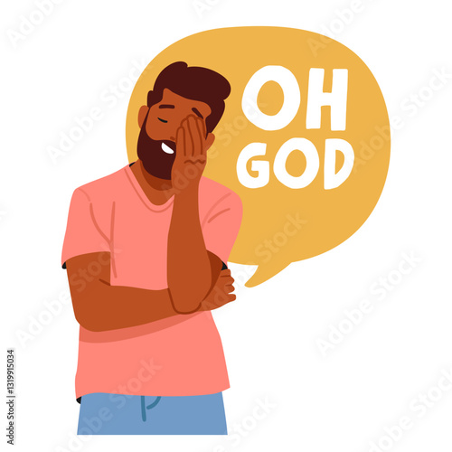 Young hipster man cartoon character smiling feeling relief making facepalm gesture isolated on white