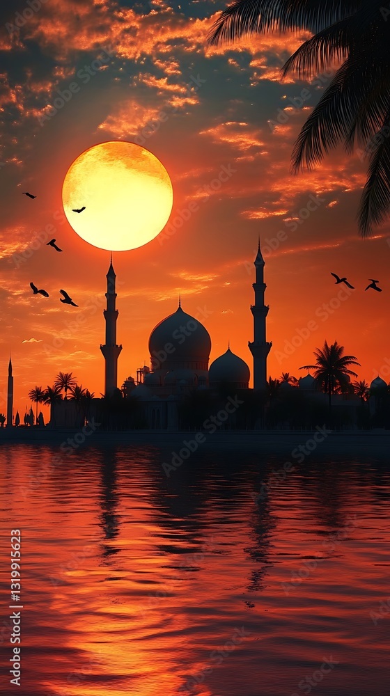 Obraz premium A serene sunset silhouette of a mosque with palm trees and birds over a reflective water surface.