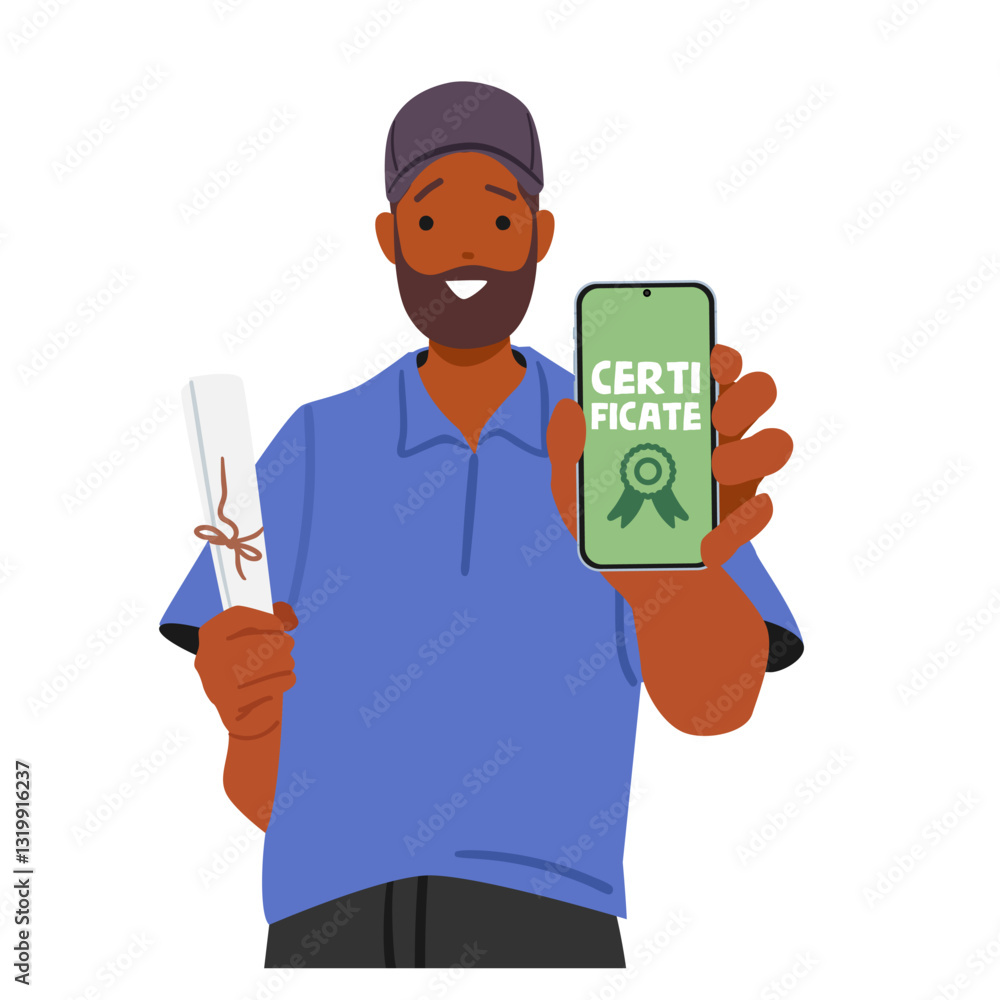 Happy man cartoon character holding smartphone and diploma certificate of online course graduation Happy man cartoon character holding smartphone and diploma certificate of online course graduation