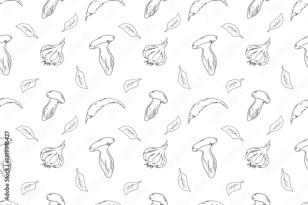 Fototapeta premium Seamless pattern with Asian cuisine ingredients: mushrooms (enoki, shimeji, porcini), chili peppers, garlic, basil, rosemary, and leaves. Hand drawn illustration for packaging, textiles, backgrounds.
