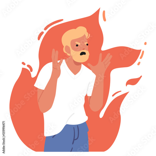 Fatigue angry mad bearded man cartoon character in flame shouting isolated on white background