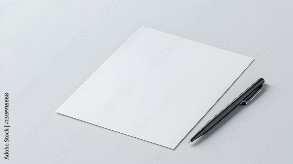A clean, minimalist workspace featuring a blank sheet of paper and a sleek black pen. Ideal for notes, ideas, and creative brainstorming in a professional setting. A clean, minimalist workspace featuring a blank sheet of paper and a sleek black pen. Ideal for notes, ideas, and creative brainstorming in a professional setting.