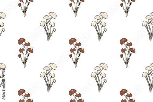 Seamless pattern with Asian cuisine ingredients: mushrooms (enoki, shimeji, porcini), chili peppers, basil, rosemary, and leaves. Hand drawn illustration for packaging, textiles, backgrounds.