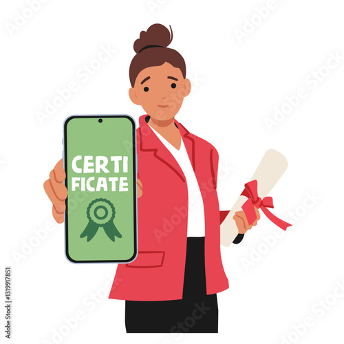 Woman cartoon character receiving distant certification after finishing online course in smartphone