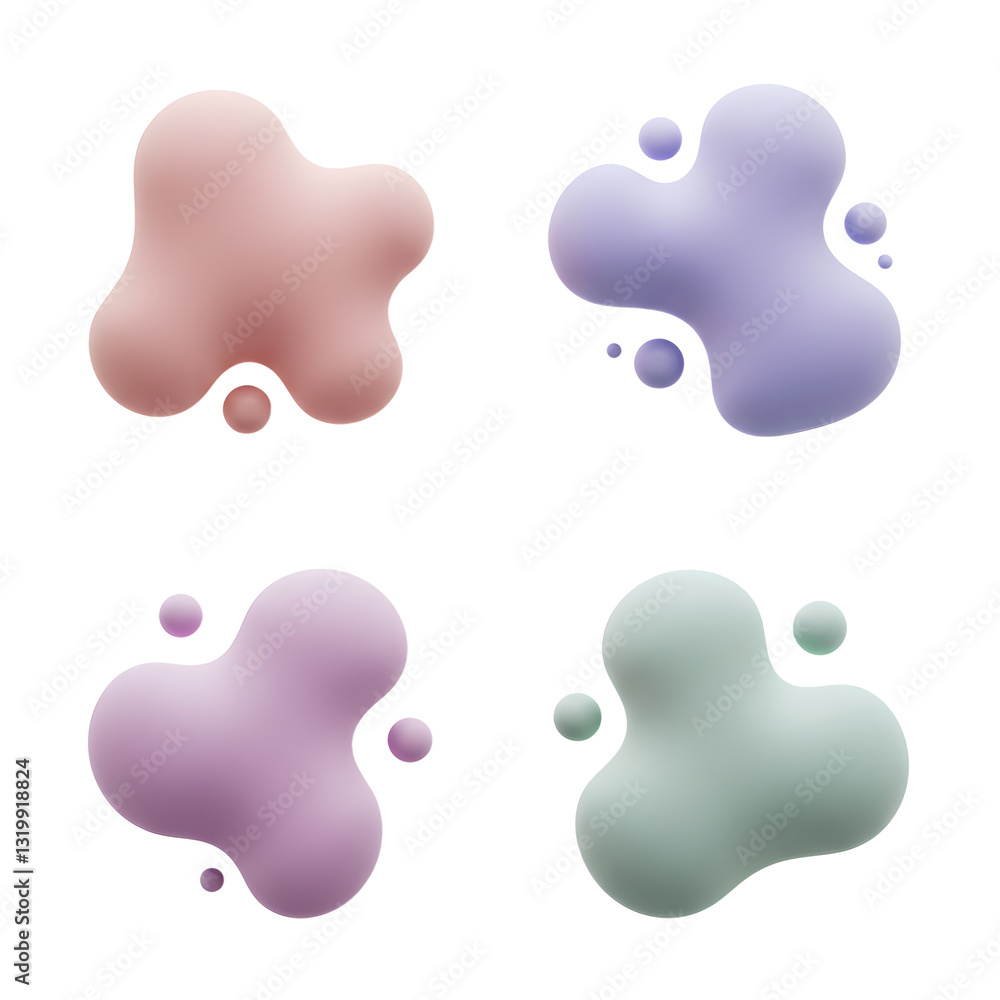 Pastel color liquid blobs, dynamic 3D shapes on a white background, fluid and smooth Pastel color liquid blobs, dynamic 3D shapes on a white background, fluid and smooth