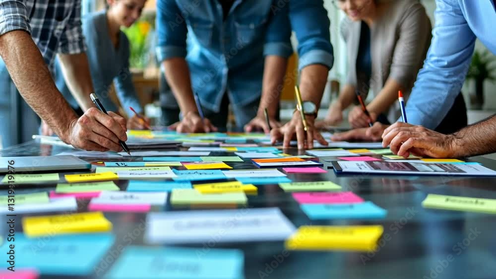 Collaborative strategy session: Diverse team brainstorming with vibrant sticky notes and documents Collaborative strategy session: Diverse team brainstorming with vibrant sticky notes and documents