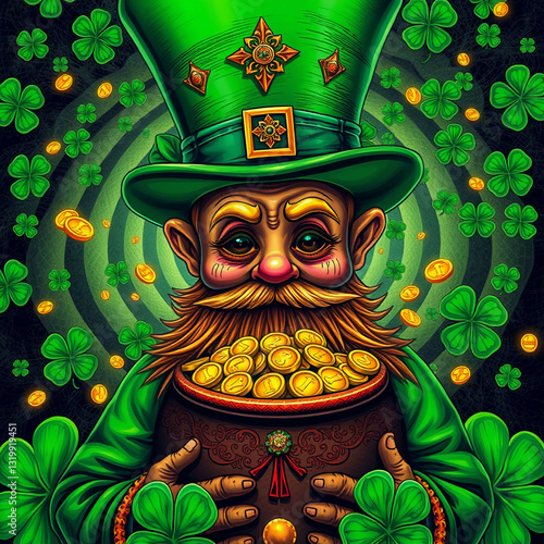 St patricks day leprechaun, Lucky Leprechaun with Pot of Gold and Shamrock – St. Patrick’s Day Fantasy Scene