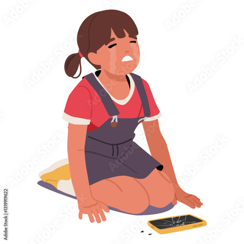 Crying girl sitting on floor front of dropped and broken smartphone feeling grief and sorrowful