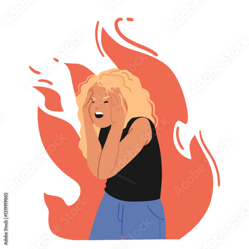 Furious teenage girl cartoon character burning in flame of anger, rage, hysteria isolated on white