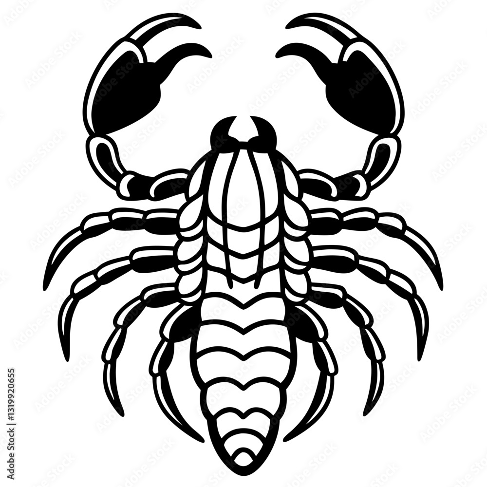 Obraz premium a striking black and white scorpion design. The scorpion is depicted with its pincers raised and its tail curled, vector illustration