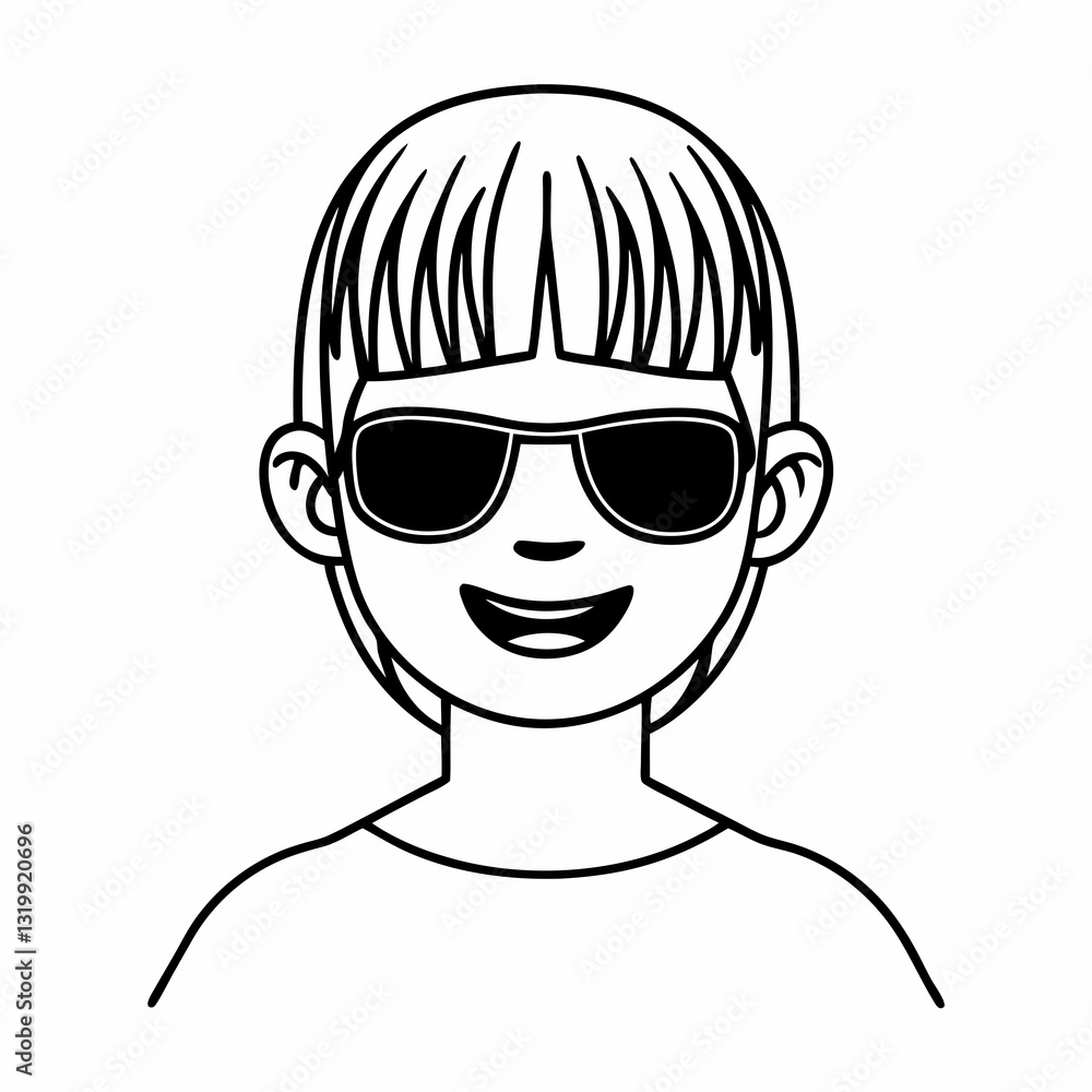 a person wearing sunglasses with a smiling face. The illustration is in black and white, vector illustration a person wearing sunglasses with a smiling face. The illustration is in black and white, vector illustration