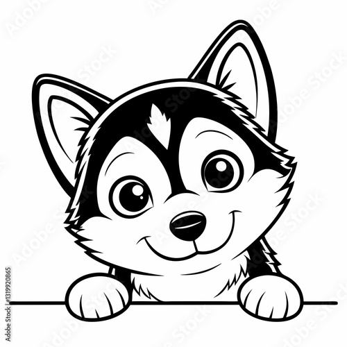 a black and white vector illustration of a charming husky puppy looking cute and happy with smiling face