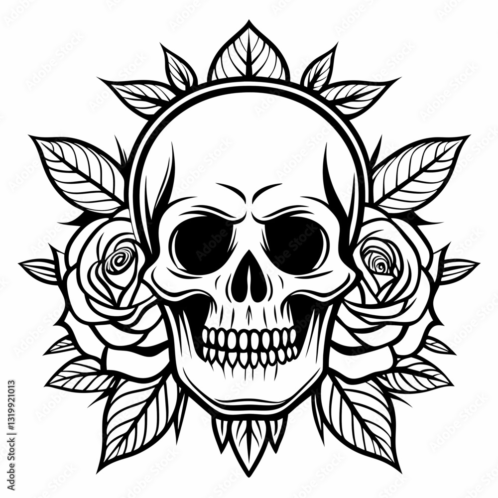 skull decorated with roses and leaves, a symbol of life and death, and the beauty of impermanence, vector illustration skull decorated with roses and leaves, a symbol of life and death, and the beauty of impermanence, vector illustration