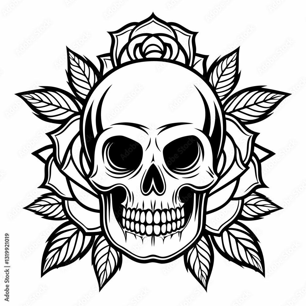 Fototapeta premium a detailed vector illustration of a skull surrounded by roses, showcasing a gothic and artistic design. The monochrome color scheme adds a touch of mystery and contrast