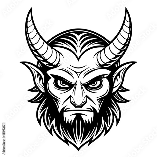 a detailed black and white vector illustration of a fierce devil with horns, looking directly at the viewer