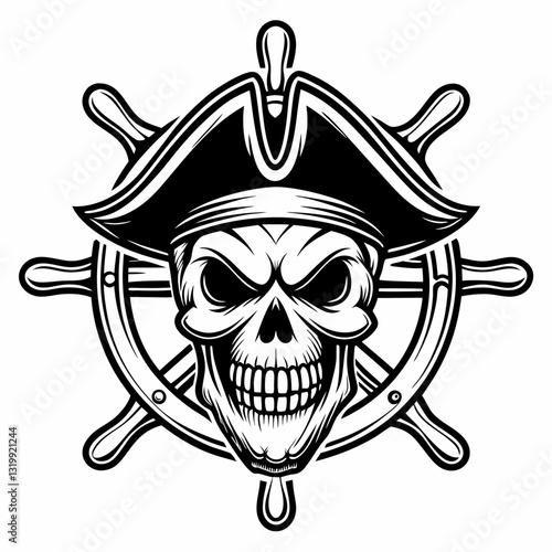 pirate skull logo wearing a tricorn hat and set against a ship's wheel, perfect for a pirate-themed event, vector illustration