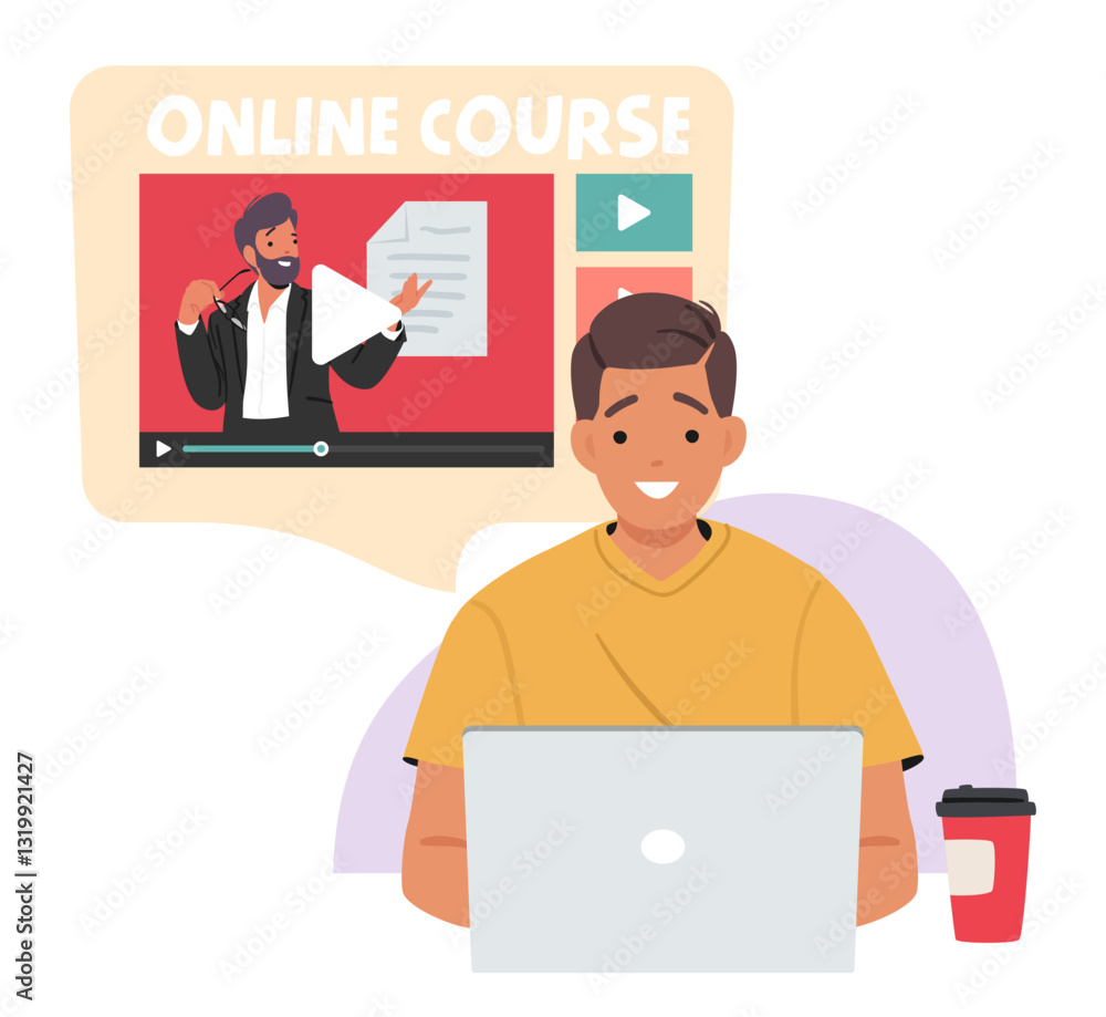Young guy student cartoon character enjoying e-learning process watching online course on laptop Young guy student cartoon character enjoying e-learning process watching online course on laptop