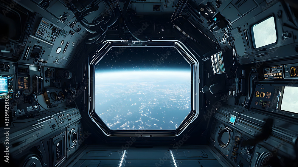 Fototapeta premium Spacecraft Interior With Earth View From Window Featuring Advanced Technology And Control Panels During Space Exploration Mission