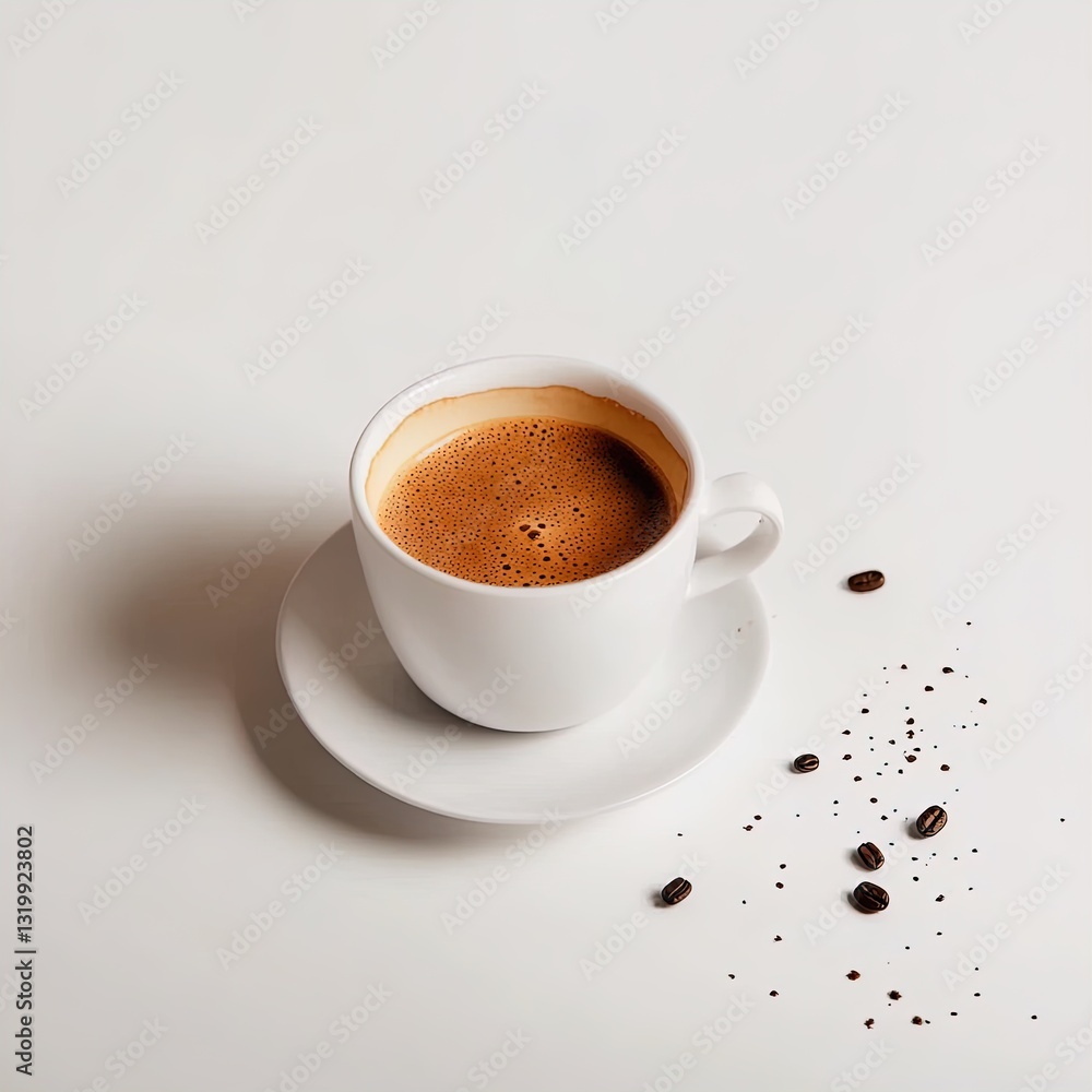 Freshly brewed coffee in a white cup placed on a saucer with coffee beans scattered nearby Freshly brewed coffee in a white cup placed on a saucer with coffee beans scattered nearby