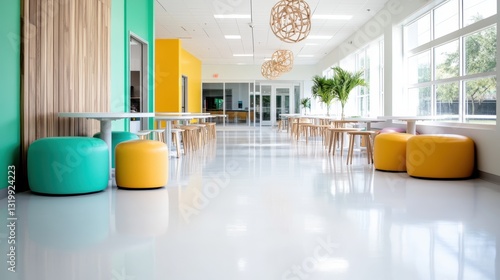 This image shows a bright and vibrant workspace featuring colorful seating and large windows, providing a cheerful and productive environment for collaboration. photo