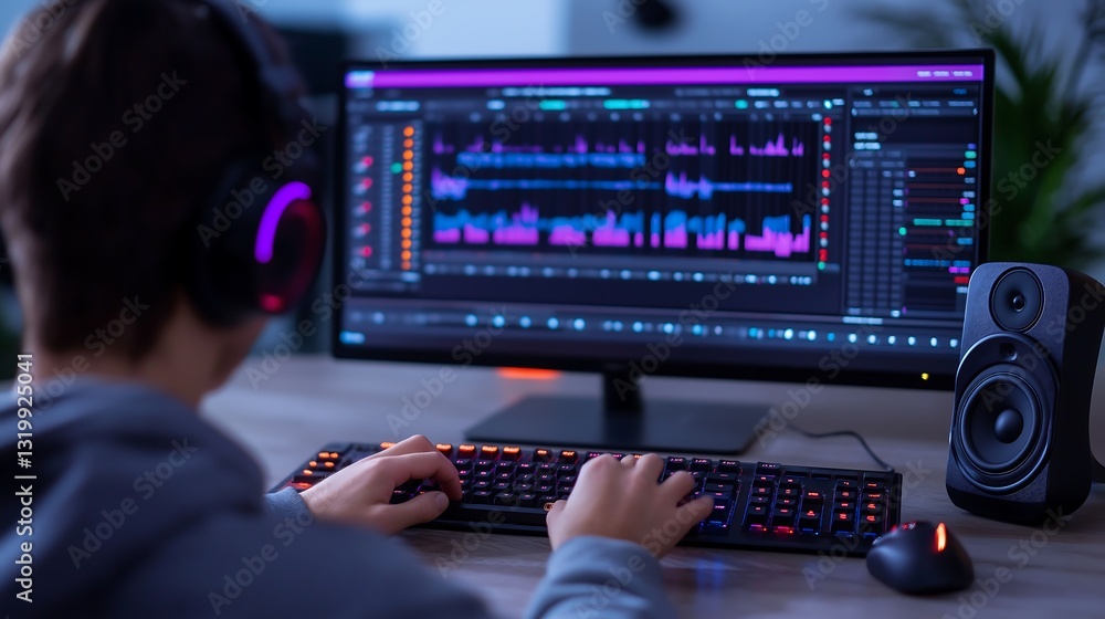 Podcast Producer Adjusting Levels on Digital Audio Mixer in Recording Studio Podcast Producer Adjusting Levels on Digital Audio Mixer in Recording Studio