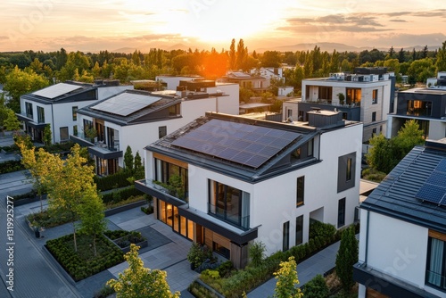 Aerial view of modern homes with solar panels at sunset (2)