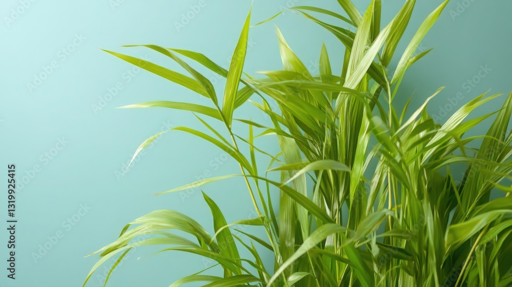 Obraz premium Lush Green Foliage with Water Droplets Against Teal Background
