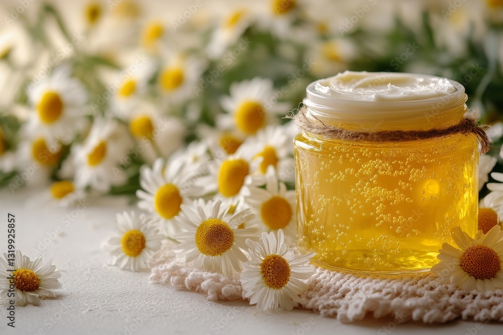 A jar of chamomile-based cream surrounded by fresh chamomile flowers on a textured surface A jar of chamomile-based cream surrounded by fresh chamomile flowers on a textured surface