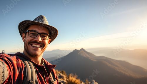 Happy smiling man takes a selfie at vacation on a mountain , with white tonespng